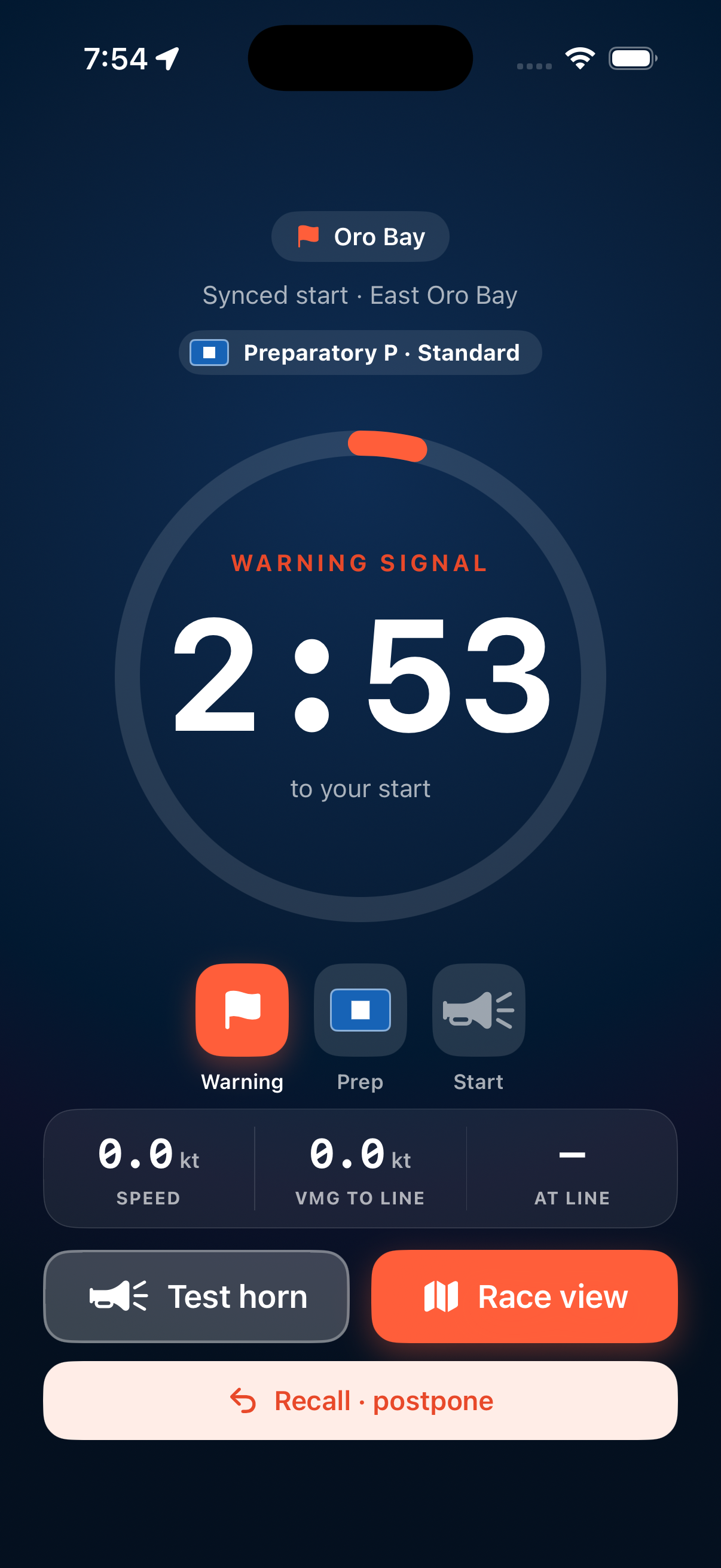 Synced start countdown showing the warning signal timer with warning, prep, and start horns